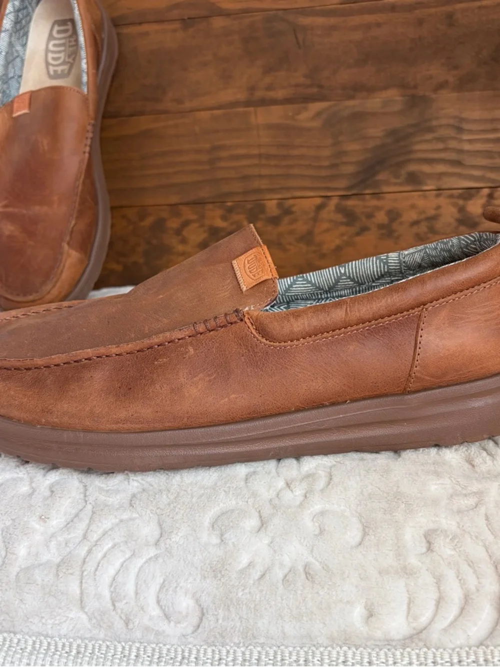 Hey Dude Wally Grip Moc Craft Leather Shoes Men Sz 15 Brown Slip On Comfort EUC - Picture 13 of 16